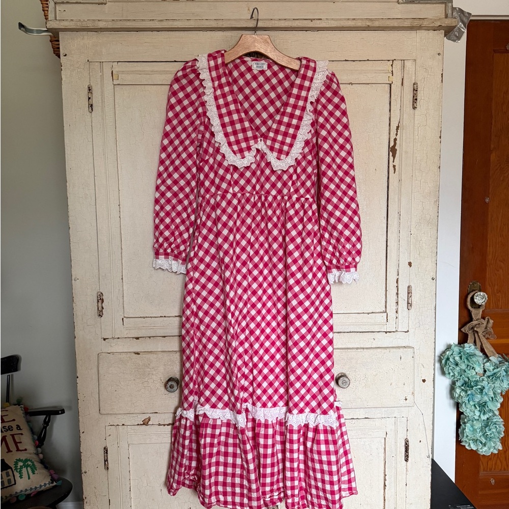 Anthropologie Red Checkered Dress with Lace Trim